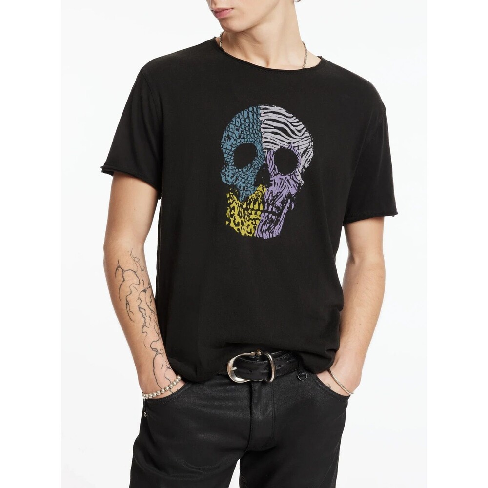 John Varvatos Black Raw Edge Tee Vintage Wash Skull Graphic SS Crew T-shirt Sz M